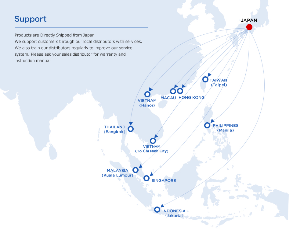 Products are Directly Shipped from JapanWe support customers through our local distributors with services. We also train our distributors regularly to improve our service system. Please ask your sales distributor for warranty and instruction manual.  